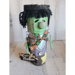 Unique wooden Frankenstein happy Halloween post totem green monster